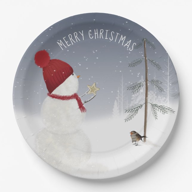 Snowman With Christmas Star  Paper Plates (Front)