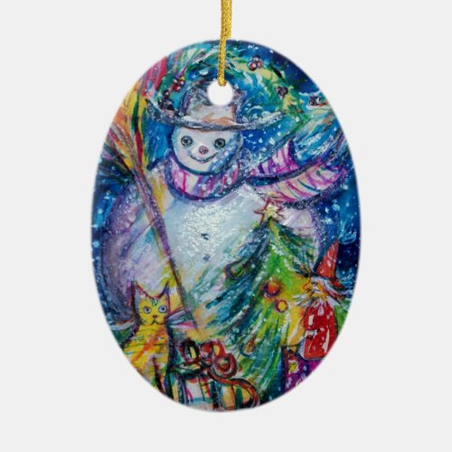 SNOWMAN WITH CHRISTMAS TREE AND TOYS CERAMIC ORNAMENT