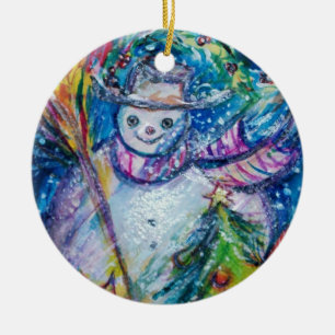 SNOWMAN WITH CHRISTMAS TREE AND TOYS CERAMIC ORNAMENT