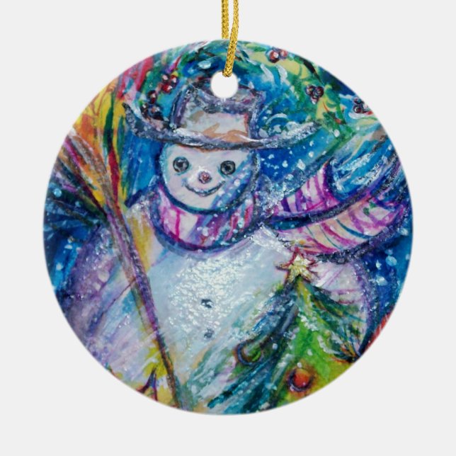 SNOWMAN WITH CHRISTMAS TREE AND TOYS CERAMIC ORNAMENT (Front)