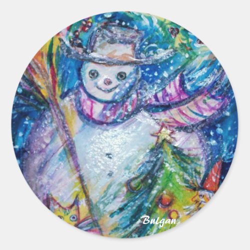 SNOWMAN WITH CHRISTMAS TREE AND TOYS CLASSIC ROUND STICKER
