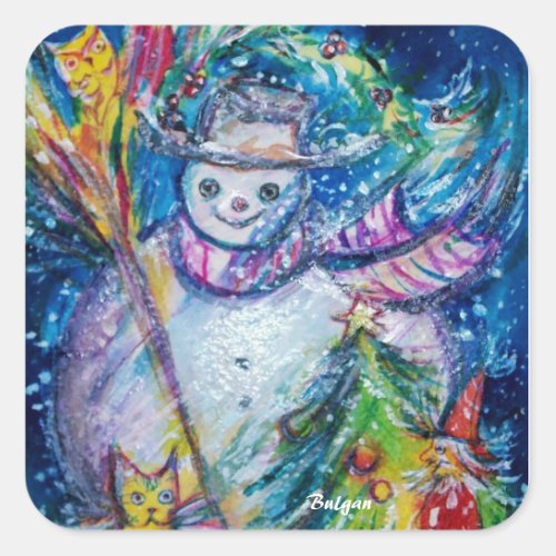 SNOWMAN WITH CHRISTMAS TREE AND TOYS IN WINTER SQUARE STICKER