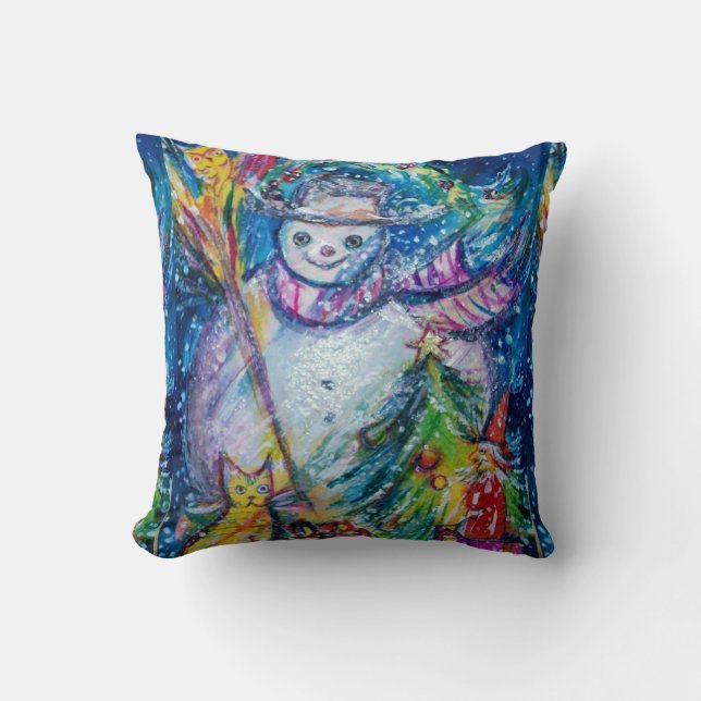 SNOWMAN WITH CHRISTMAS TREE AND TOYS THROW PILLOW (Front)