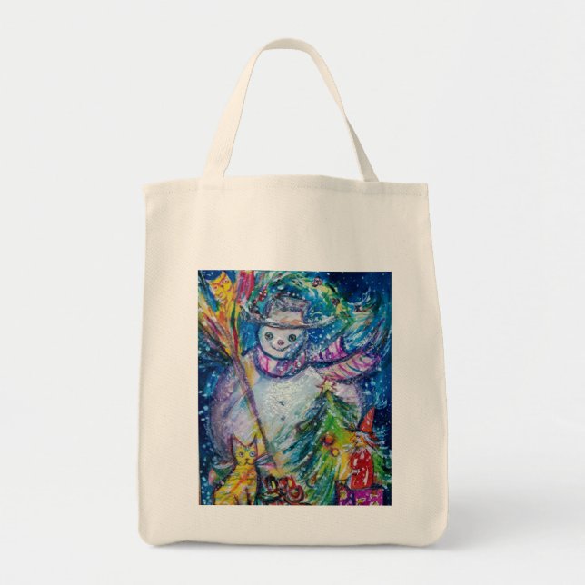 SNOWMAN WITH CHRISTMAS TREE AND TOYS Winter Season Tote Bag (Front)