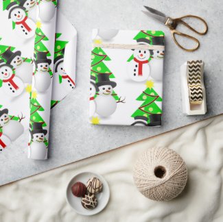 Snowman with Christmas Trees / Holiday Gift Wrapping Paper