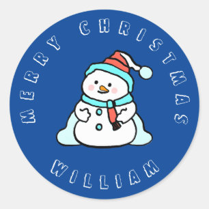 Snowman With Custom Name Christmas Navy Blue Classic Round Sticker