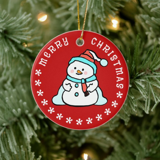 Snowman With Custom Name | Cute Red Ceramic Ornament (Tree)