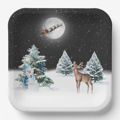 Snowman with Deer and Santa Claus Sleigh Paper Plates