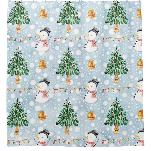 Snowman With Fir Tree In Watercolor Pattern Shower Curtain (Front)