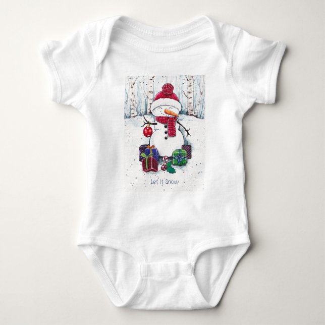 Snowman With Gifts In Watercolor   Baby Bodysuit (Front)