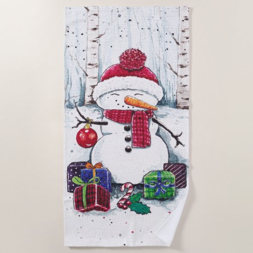 Snowman With Gifts In Watercolor  Beach Towel