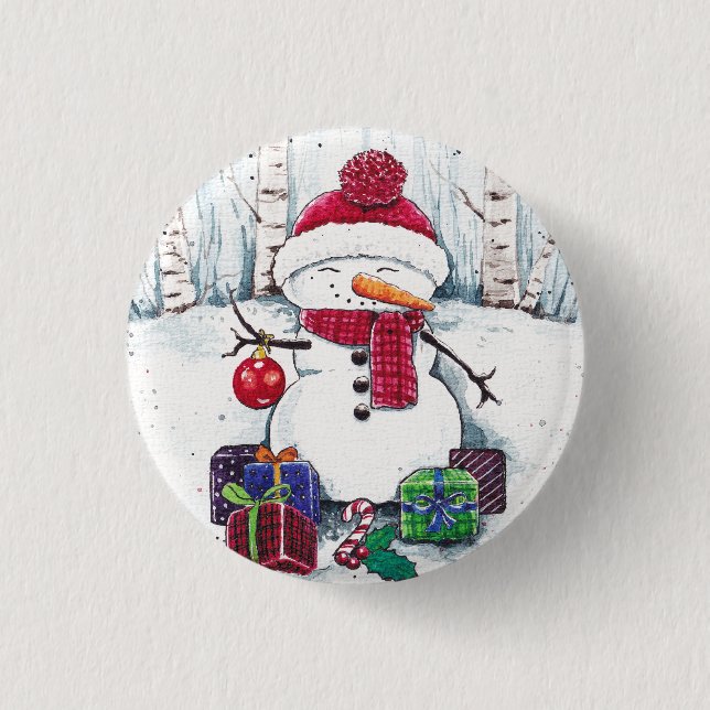 Snowman With Gifts In Watercolor  Button (Front)