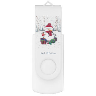 Snowman With Gifts In Watercolor Flash Drive