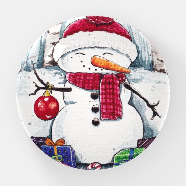 Snowman With Gifts In Watercolor  Paperweight (Front)