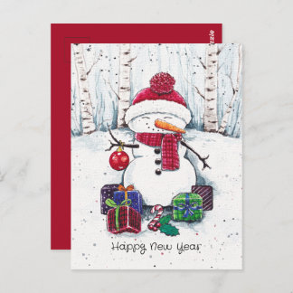 Snowman With Gifts In Watercolor Postcard