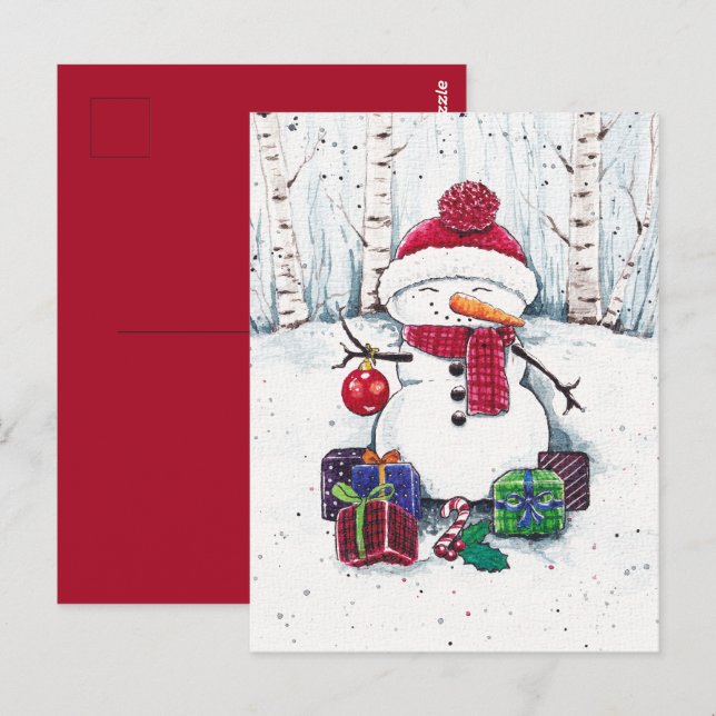 Snowman With Gifts In Watercolor  Postcard (Front/Back)