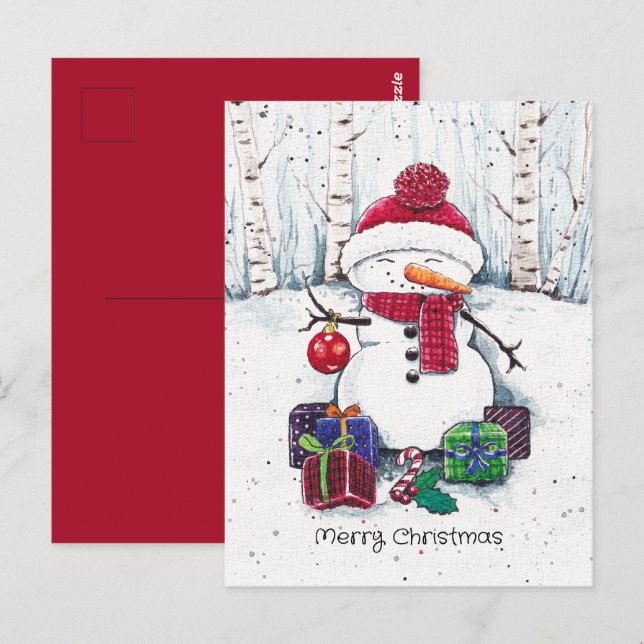 Snowman With Gifts In Watercolor  Postcard (Front/Back)