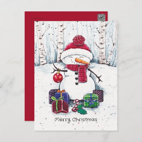 Snowman With Gifts In Watercolor  Postcard
