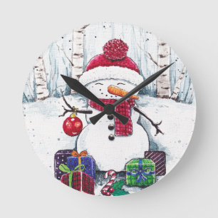 Snowman With Gifts In Watercolor  Square Wall Cloc Round Clock