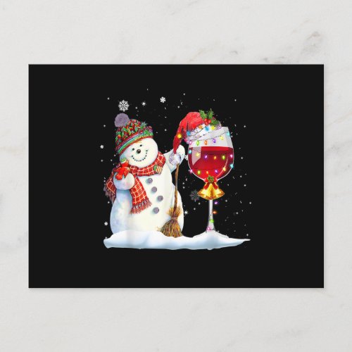 Snowman With Glasses of Wine Lights Santa Hat Xmas Postcard