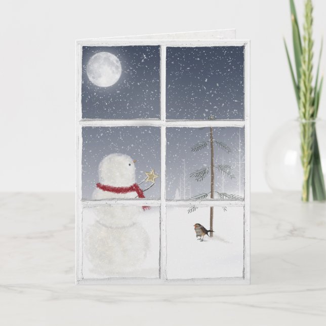 snowman with gold Christmas star in window Card (Front)