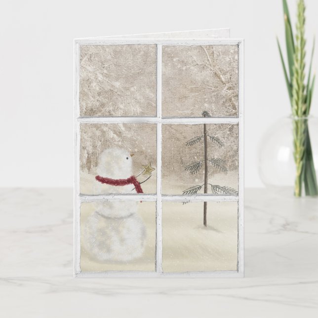 snowman with gold Christmas star in window Card (Front)
