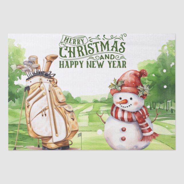 Snowman with golf-themed  golfer Christmas gift Tissue Paper (Front)