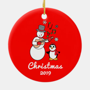Snowman with Guitar and Penguin Year Customizable Ceramic Ornament