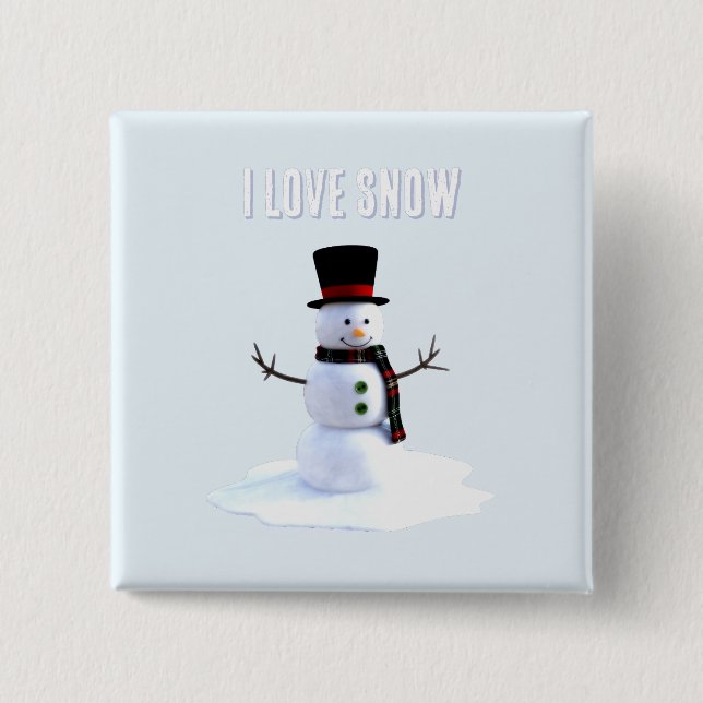 Snowman with hat and scarf. I Love Snow Button (Front)