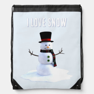 Snowman with hat and scarf. I Love Snow Drawstring Bag