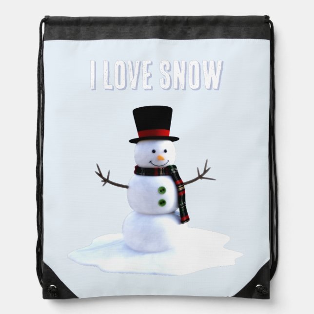 Snowman with hat and scarf. I Love Snow Drawstring Bag (Front)
