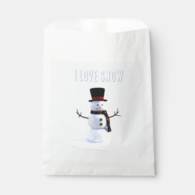 Snowman with hat and scarf. I Love Snow Favor Bag (Front)