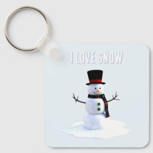 Snowman with hat and scarf. I Love Snow Keychain