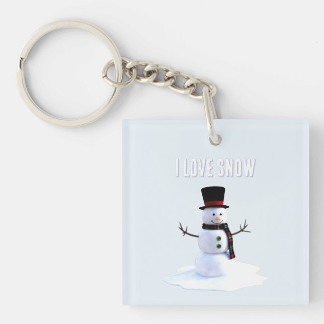Snowman with hat and scarf. I Love Snow Keychain (Front)