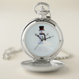 Snowman with hat and scarf. I Love Snow Pocket Watch
