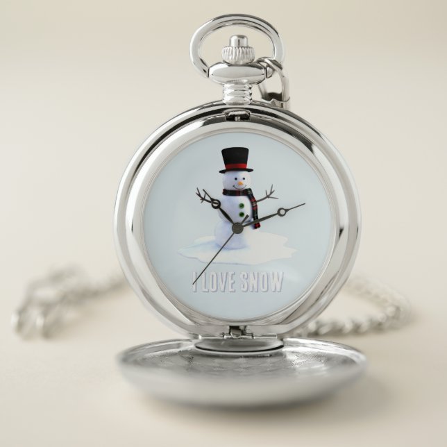 Snowman with hat and scarf. I Love Snow Pocket Watch (Inside)
