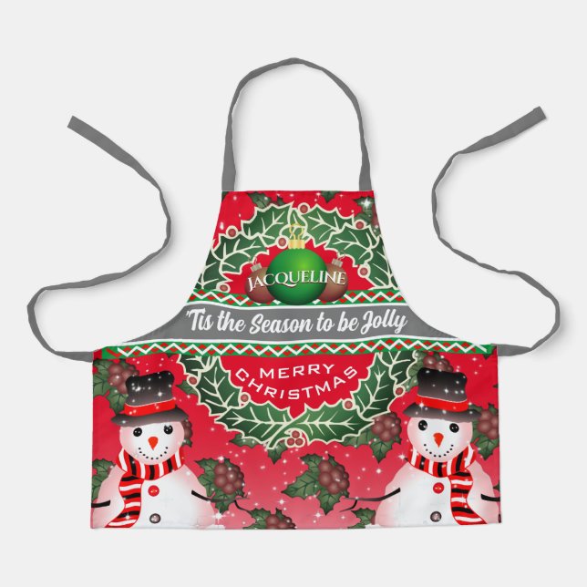 Snowman with Holly Berries and YOUR NAME on RED Apron (Front)