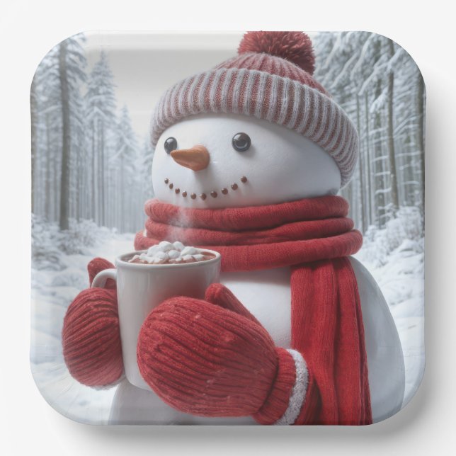 Snowman With Hot Chocolate Paper Plates (Front)