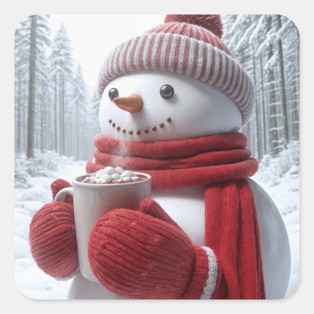 Snowman With Hot Chocolate Square Sticker (Front)