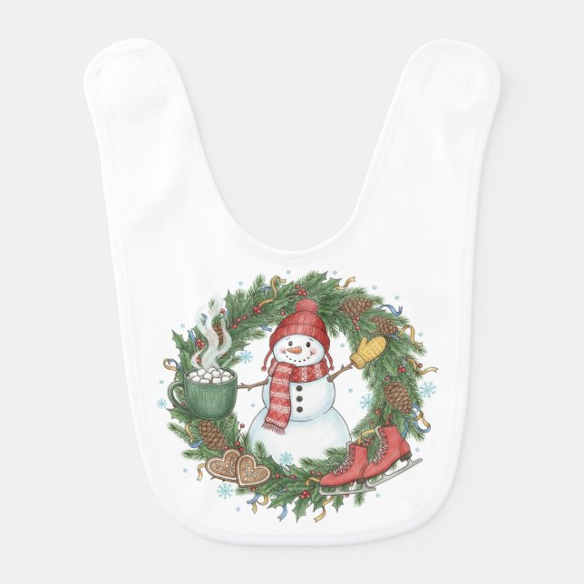 Snowman With Hot Cocoa Baby Bib (Front)