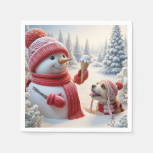 Snowman With Ice Cream Cone and Dog Napkins