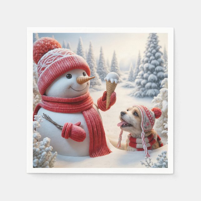 Snowman With Ice Cream Cone and Dog Napkins (Front)