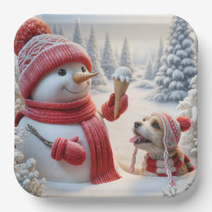 Snowman With Ice Cream Cone and Dog Paper Plates