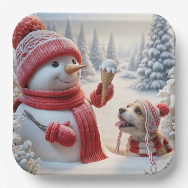Snowman With Ice Cream Cone and Dog Paper Plates (Front)