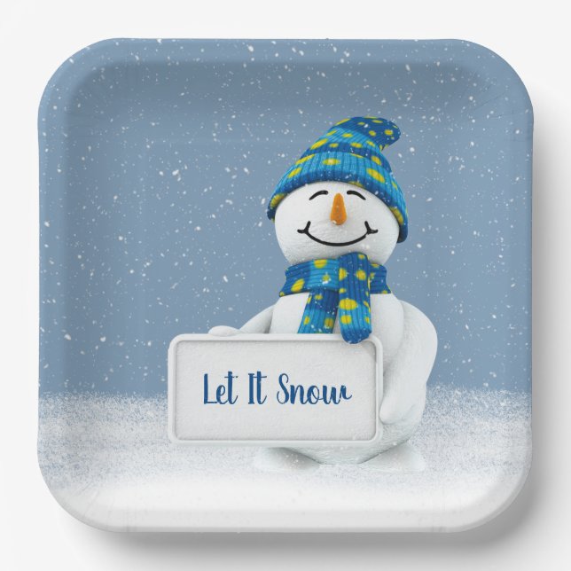 Snowman with LET IT SNOW Sign Paper Plates (Front)