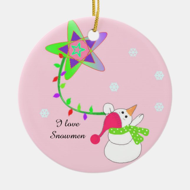 Snowman with Lights and a Star Ceramic Ornament (Front)