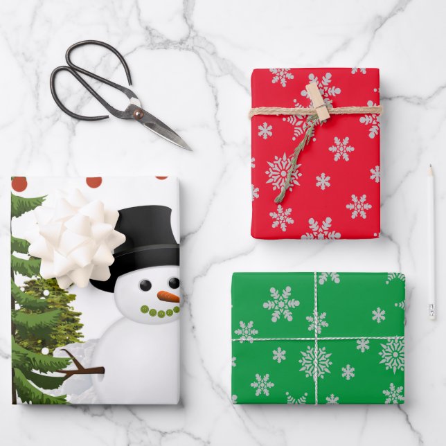 Snowman with Multi-color Snowflake Wrapping Paper Sheets (Front)