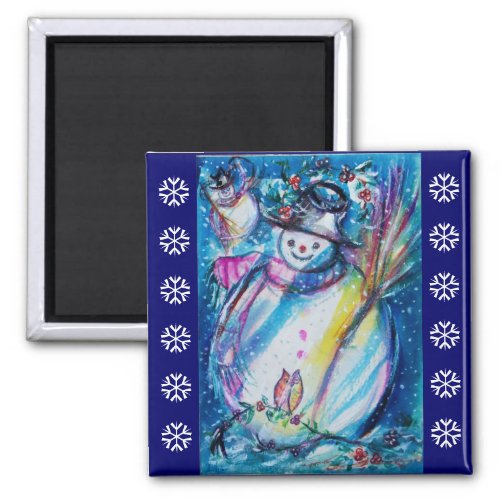 SNOWMAN WITH OWL  Blue White Snowflakes Magnet
