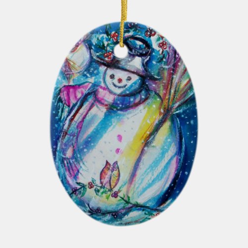 SNOWMAN WITH OWL CERAMIC ORNAMENT