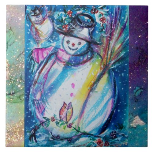 SNOWMAN WITH OWL Christmas Ceramic Tile